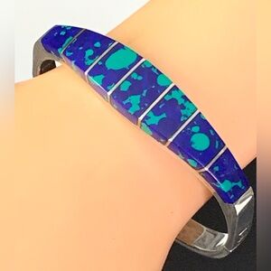 Fabulous Vintage Taxco MEXICO Sterling Silver Azurite Inlay Hinged Bangle Brace